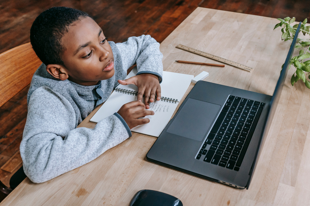 Clever diligent black boy learning lessons online with laptop